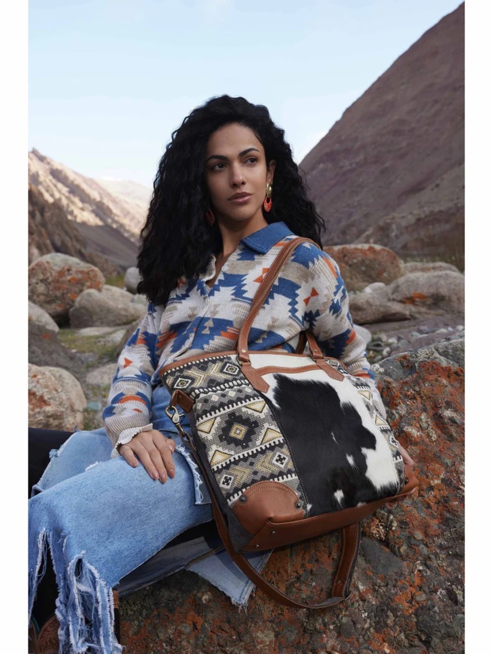 Cowhide and Black, Yellow, & Gray Aztec Print Tote with Genuine Leather Trim - Picture 4 of 4